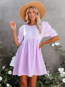 2023 Vasarą Moterys, Atostogų Atsitiktinis Paplūdimio Dėvėti Laisvus Palaidinės Mini Suknelės Boho Retro Vientisos Spalvos Sluoksniuotos Rankovėmis Įgulos Kaklo Playa R03