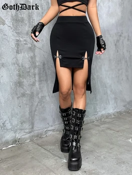 Goth Tamsiai Grunge Estetinės Padalinta Moterų Mini Sijonai Mall Gotikos Trumpas Priekiniai Ilgai Atgal Nuosėdos Metalo Sagtis Seksualus Streetwear Sijonas