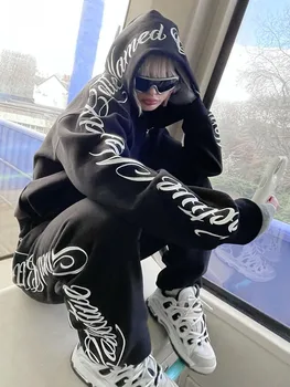 Moteriški Negabaritinių ilgomis Rankovėmis Hoodie su Siuvinėjimo Raštais Zip-Up Uždarymo ir Kišenės - Y2K E-Girl Streetwear Svarbu