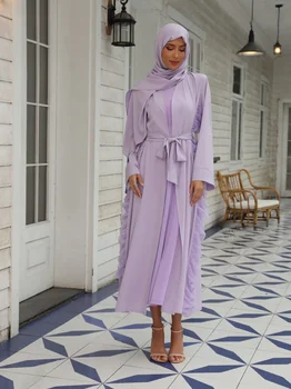 Naujas Musulmonų Mados Vest Suknelė Su ilgomis rankovėmis Striukė Su Lankelis arabų vientisos Spalvos Nėrinių Trijų dalių Moterų Suknelė