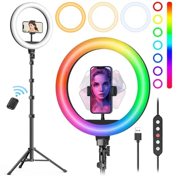 10.2 Colių 26cm RGB Selfie Žiedas Led Šviesos Su Telefono Laikikliu Trikojis Stovas Fotografijos Ringlight Lempa Live Stream Makiažas TikTok