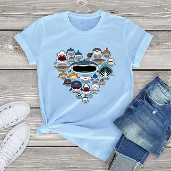100 medvilnės marškinėliai moterims širdis myli ryklys veidus kawaii atspausdintas trumpas rankovėmis tee viršūnes mados t-shirt mielas mergaičių drabužių vasaros
