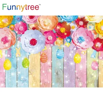 Funnytree Velykų Spalvinga Medienos, Gėlių Fone, Kiaušiniai Pavasario Baby Shower Blizgučiai Triušių Festivalis Šalis, Photocall Fonas