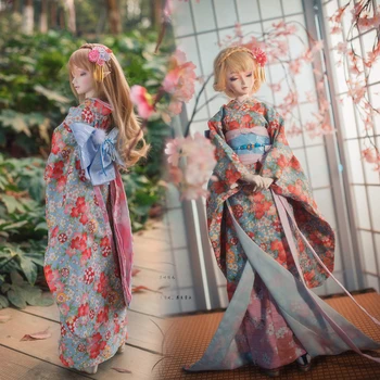 Išskirtinį BJD Doll Drabužius 1/4 1/3 Japanese Cherry Blossom Kimono DD MSD Dėdė ID75 Elegantiškas Vestuvių Suknelė Lėlės Priedai