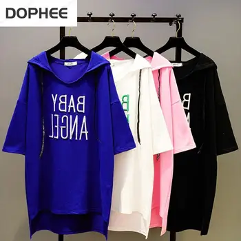 Naujas Sumemr trumpomis Rankovėmis su Gobtuvu marškinėliai Korėja Negabaritinių Laisvas Megztinis Viršuje Batwing Siuvinėjimo Raštą, Vidutinio ilgio Moterų Tees Suknelė