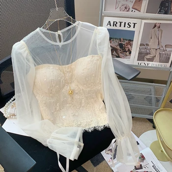 Prancūzijos Akių Susiuvimo Susieta Sluoksniuotos Rankovėmis Marškinėliai Moteriška Naujo Dizaino Prasme Vakarų Stiliaus Slim-Fit Crop-Top