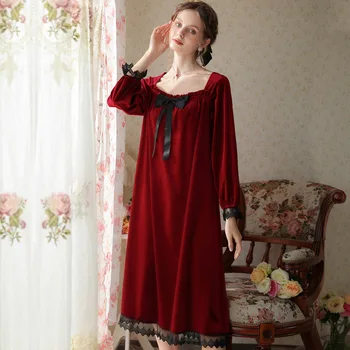 Prancūzų Stiliaus Rūmai Rudens Žiemos Lankas Aplikacijos Ilgomis Rankovėmis Nightdress Sleepwear Pižamą Moterų Aukso Aksomo Homewear Naktiniai Drabužiai