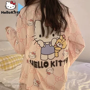 Sanrio Hello Kitty Minkštas Grynos Medvilnės Animacinių Filmų Pižama Korėjos Stiliaus Ilgomis Rankovėmis, Kelnes Patalpų Homewear Y2k Pink Casual Nigthwear