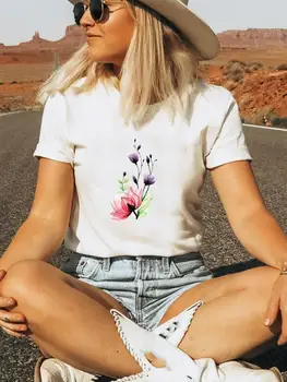 Tee Viršaus į Mados Moterų trumpomis Rankovėmis Spausdinti Marškinėlius Grafinis T-shirts Vasarą, Pavasarį Spausdinimo Gėlių Saldus 90-ųjų Stiliaus Drabužių