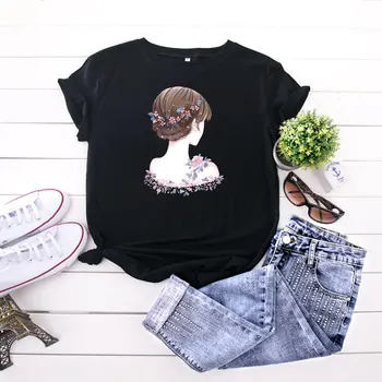 Vasaros moterų marškinėliai Y2k gatvės stiliaus cute girl spausdinti trumparankoviai laisvalaikio T-shirt apvalus kaklas prarasti didelio dydžio vatos pagaliukai