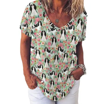 Šuo Marškinėliai Cavalier Paprastų Moterų Gatvės Mados T-Shirt Didelis Dydis Atspausdinta V Neck Tee Marškinėliai